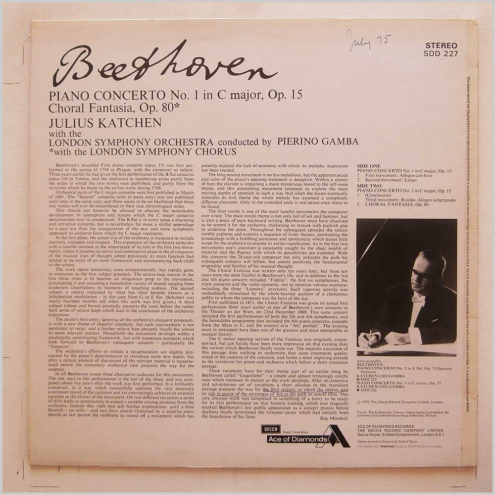 Julius Katchen, London Symphony Orchestra and Chorus - Beethoven: Piano Concerto No.1 Choral Fantasia  (SDD 227) 