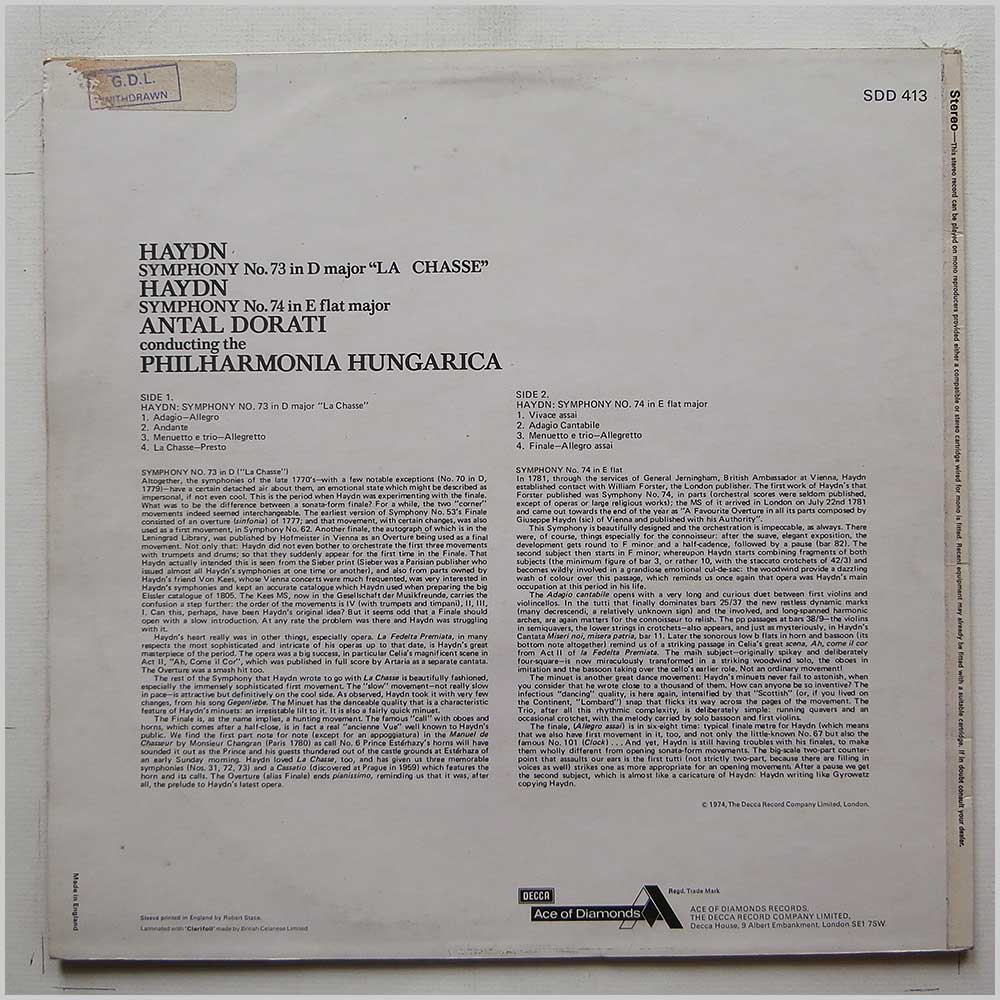 Antal Dorati, The Philharmonia Hungarica - Joseph Haydn: Symphony No.73 La Chasse, Symphony No.74  (SDD 413) 