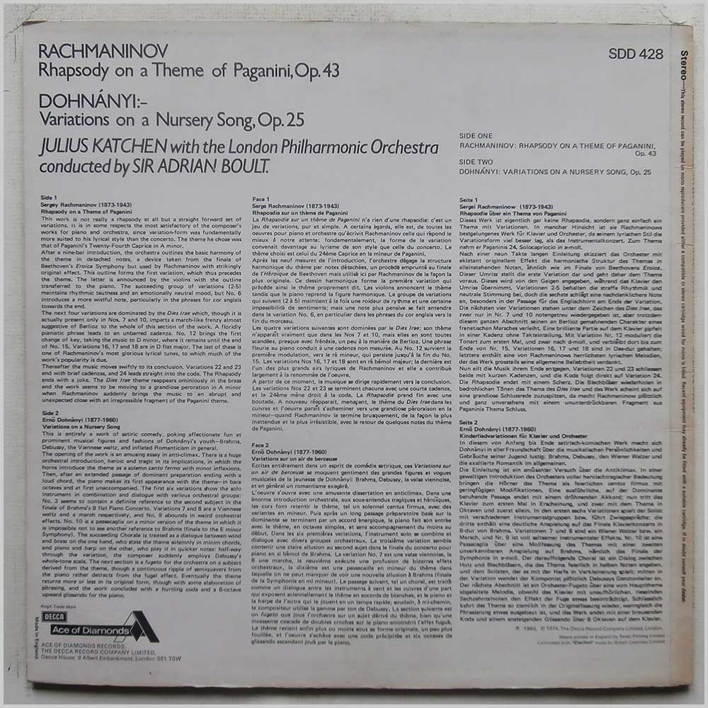 Julius Katchen, The London Philharmonic Orchestra, Sir Adrian Boult - Rachmaninoff: Rhapsody On A Theme Of Paganini, Op. 43, Dohnsnyi: Variations On A Nursery Song, Op. 25  (SDD 428) 