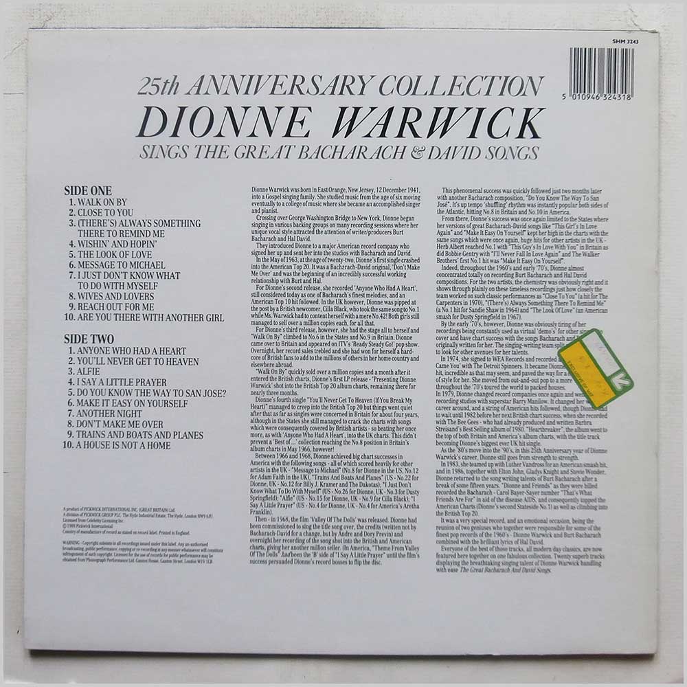 Dionne Warwick - 25th Anniversary Collection: Dionne Warwick Sings The Great Bacharach and David Songs  (SHM 3243) 