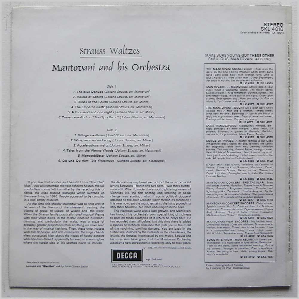 Mantovani and His Orchestra - Strauss Waltzes  (SKL 4010) 