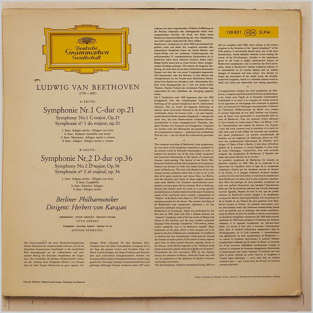 Herbert Von Karajan, Berliner Harmoniker - Beethoven Symphonien 1 and 2  (SLPM 138 801) 