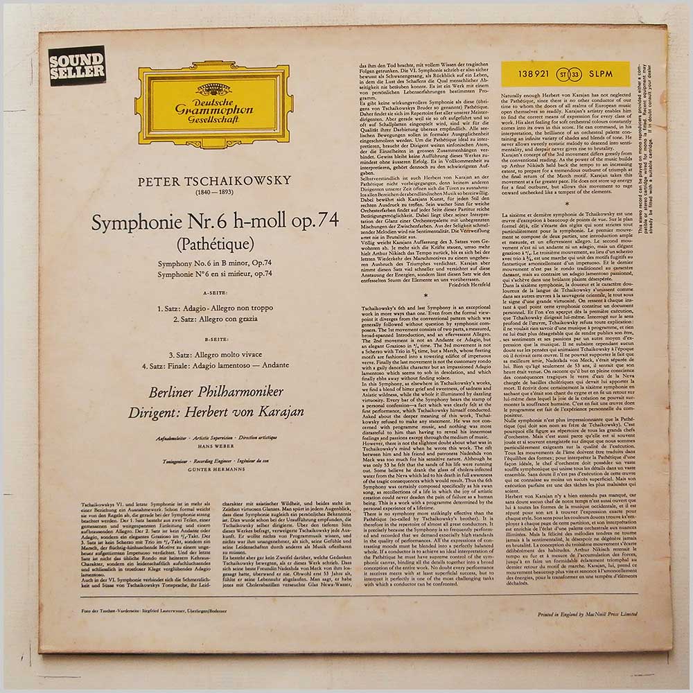Herbert Von Karajan, Berlin Philharmonic - Peter Tschaikowsky: Symphony No. 6 in B Minor (Pathetique)  (SLPM 138 921) 