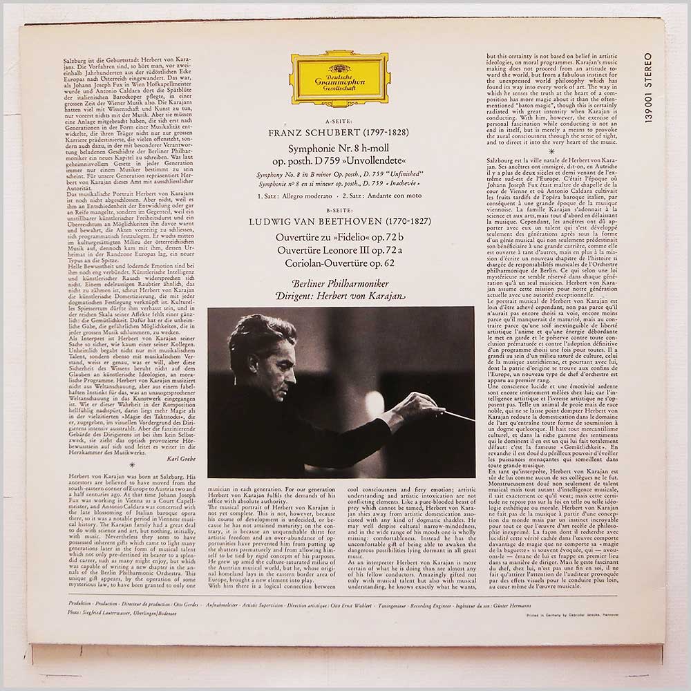 Herbert Von Karajan, Berlin Philharmoniker - Schubert: 8. Symphonie Unvollendete, Beethoven: Fidelio.Leonore III,Coriolan, Ouveturen  (SLPM 139 001) 