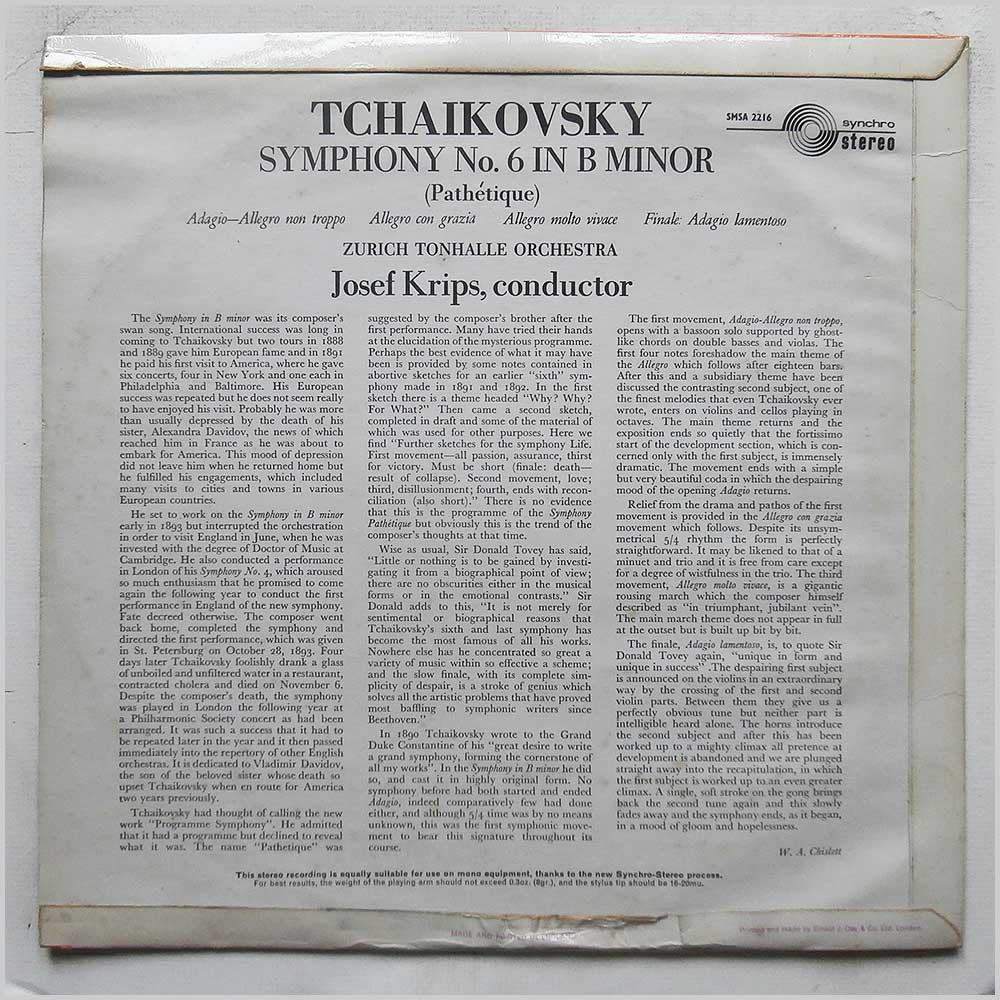 Josef Krips, Zurich Tonhalle Orchestra - Tchaikovsky: Symphony No.6 In B Major Pathetique  (SMSA 2216) 