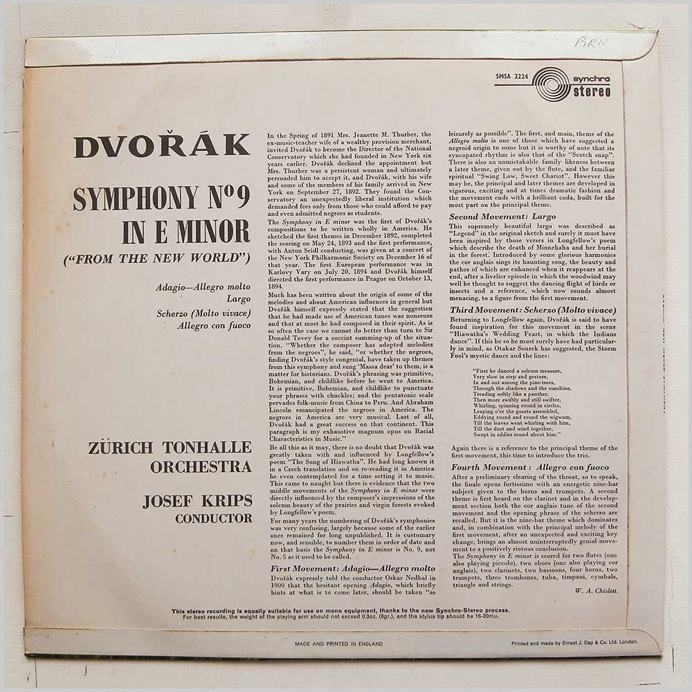 Josef Krips, Zurich Tonhalle Orchestra - Dvorak: New World Symphony  (SMSA 2224) 