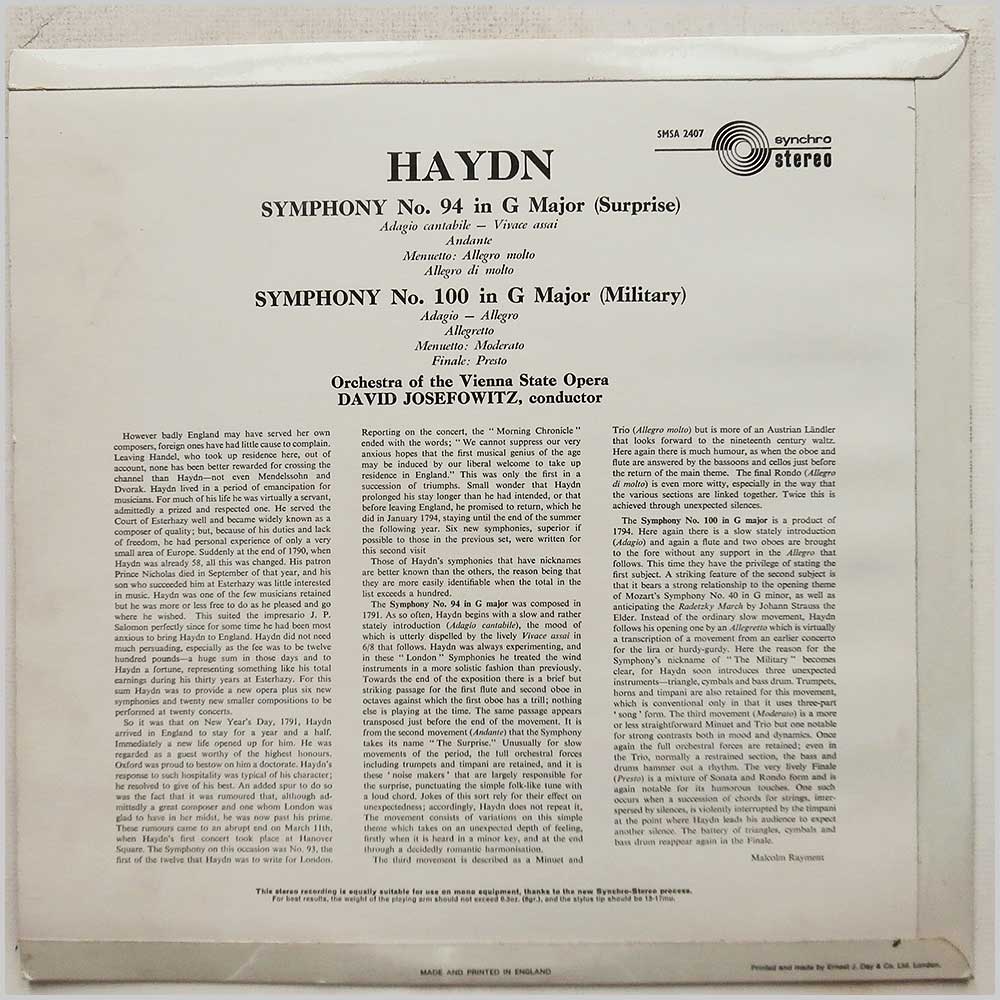 David Josefowitz, Orchestra Of The Vienna State Opera - Haydn: Symphony No. 94 (Surprise), Symphony No. 100 (Military)  (SMSA 2407) 