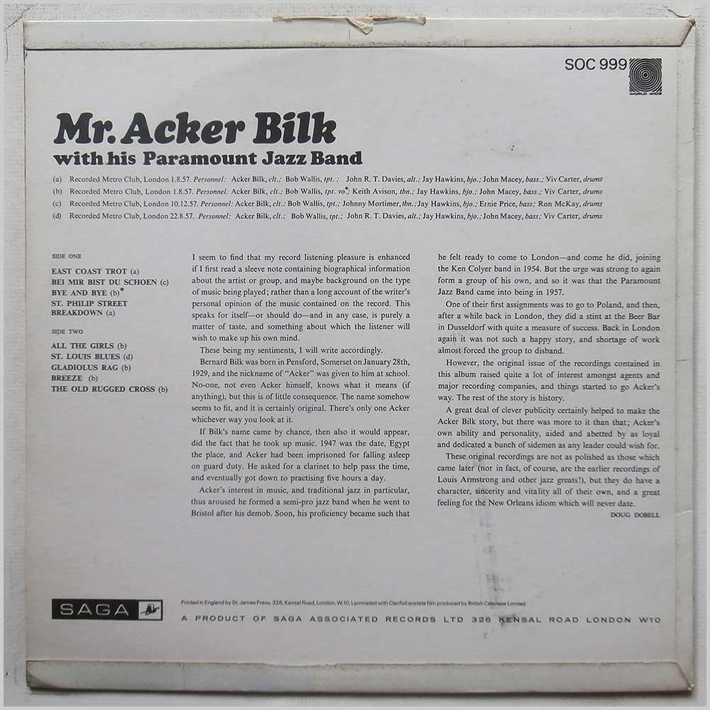Acker Bilk - Mr. Acker Bilk with His Paramount Jazz Band  (SOC 999) 