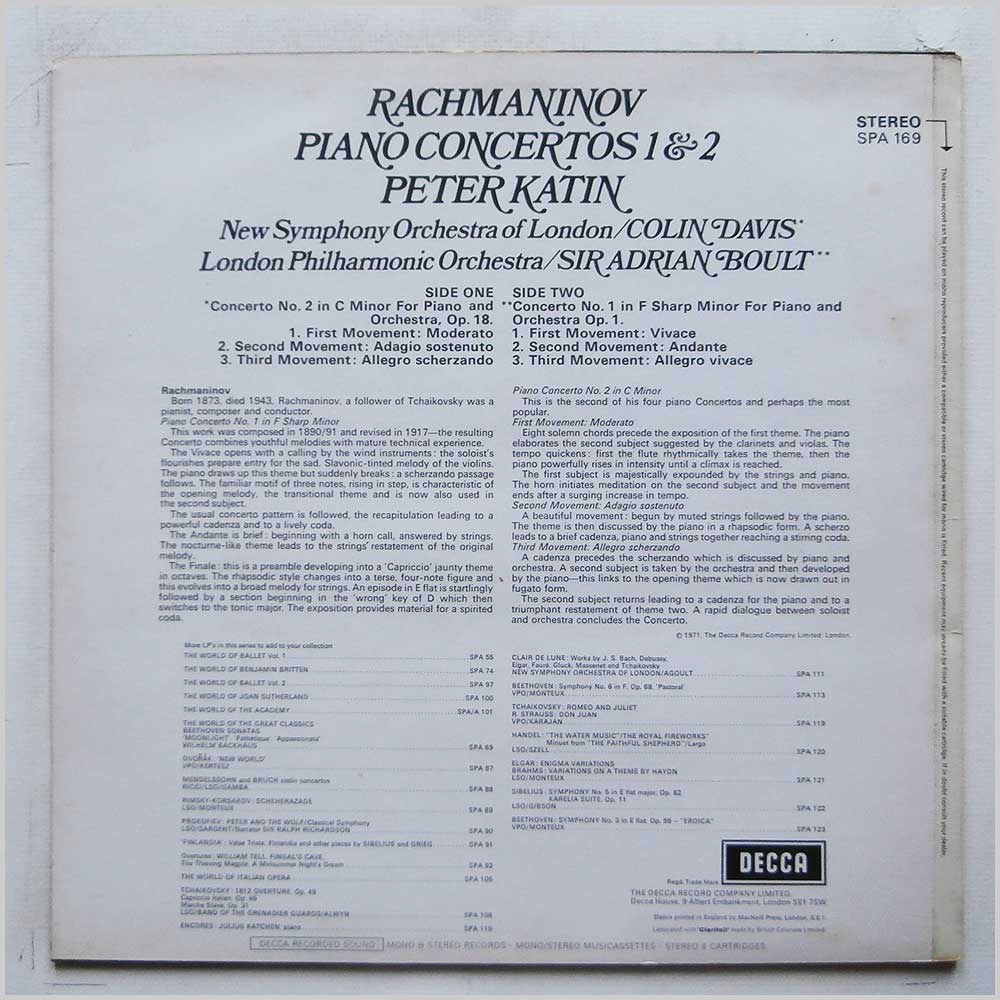 Peter Katin, Colin Davis, Sir Adrian Boult - Rachmaninov: Piano Concertos 1 and 2  (SPA 169) 