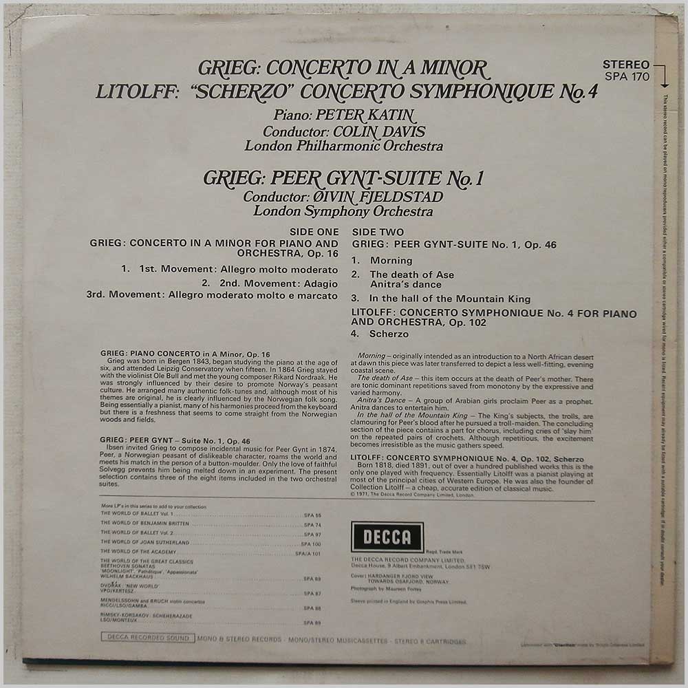 Peter Katin, Colin Davis, Oivin Fjeldstad - Grieg: Piano Concerto, Peer Gynt Suite No. 1, Litolff: Scherzo  (SPA 170) 