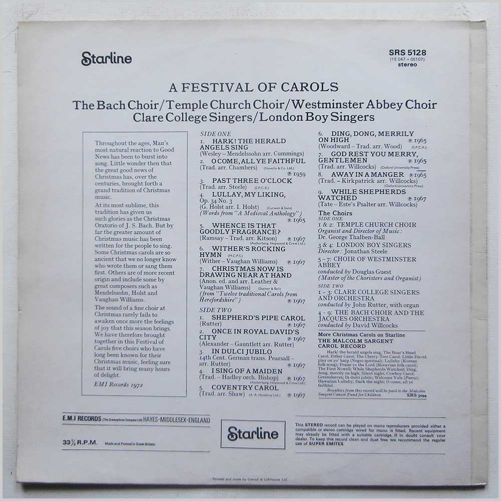 The Bach Choir, Temple Church Choir, Westminster Abbey Choir, Clare College Singers, London Boy Singers - A Festival Of Carols  (SRS 5128) 
