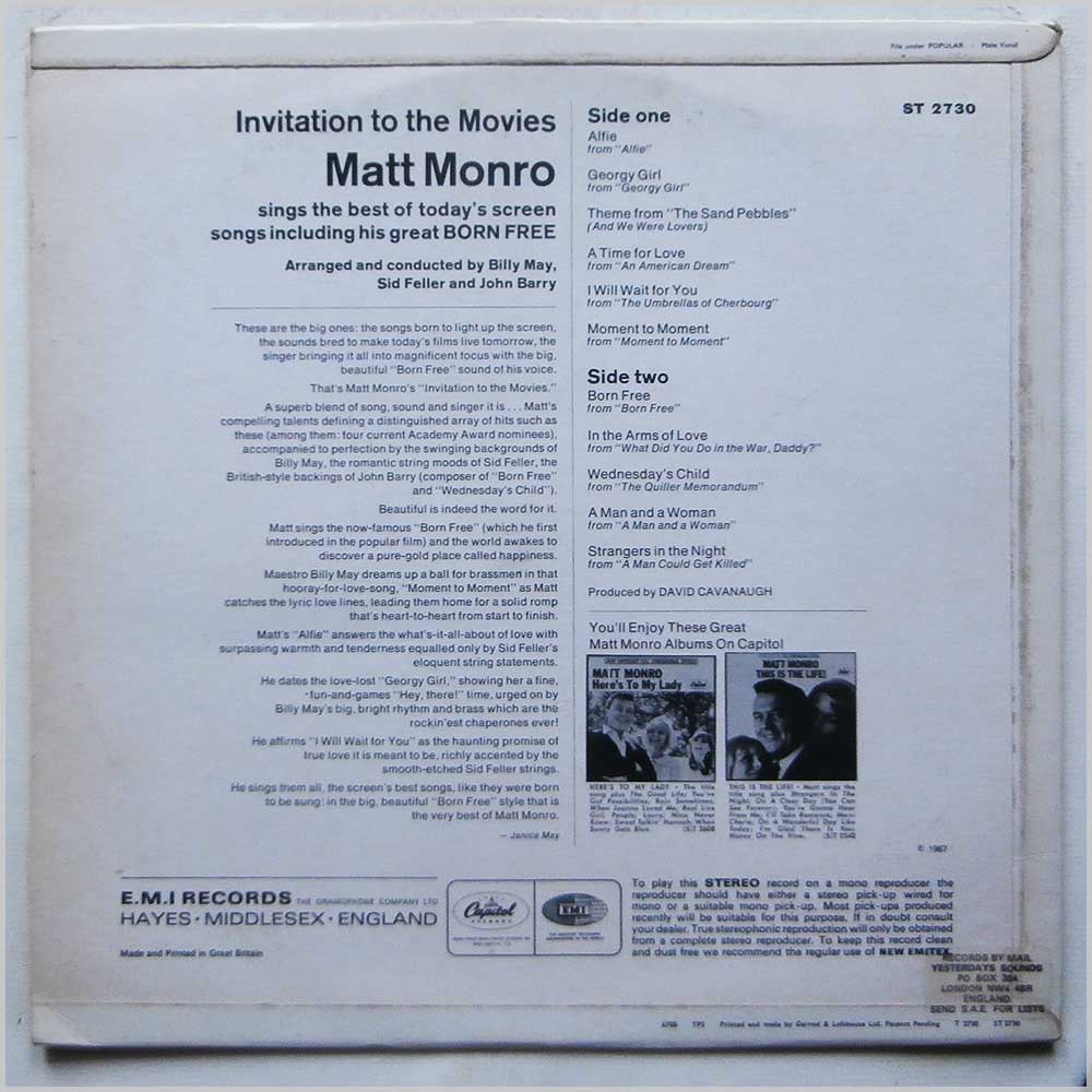 Matt Monro - Born Free (Invitation To The Movies)  (ST 2730) 