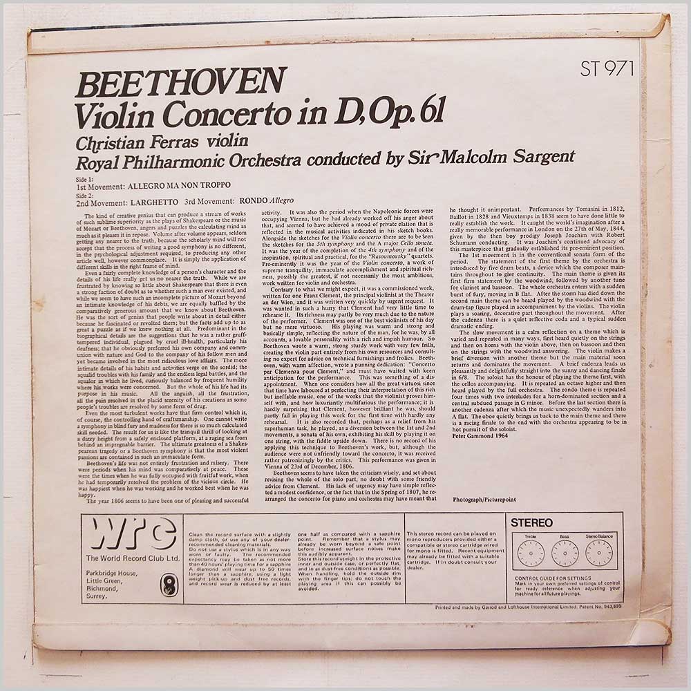 Sir Malcolm Sargent, Royal Philharmonic Orchestra - Beethoven: Violin Concerto in D  (ST 971) 