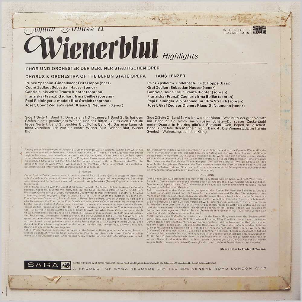 Hans Lenzer, Chorus and Orchestra Of The Berlin State Opera - Johann Strauss: WienerBlut  (STFID 2116) 
