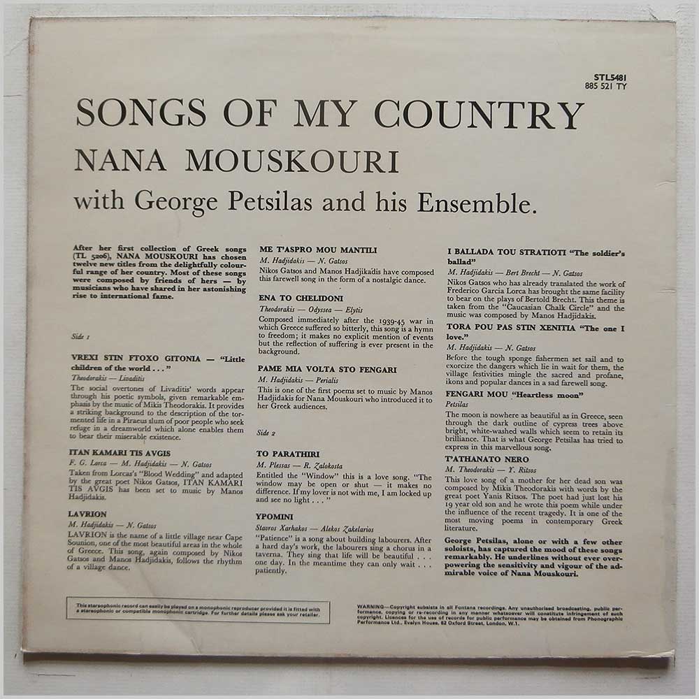 Nana Mouskouri - Songs Of My Country  (STL5481) 