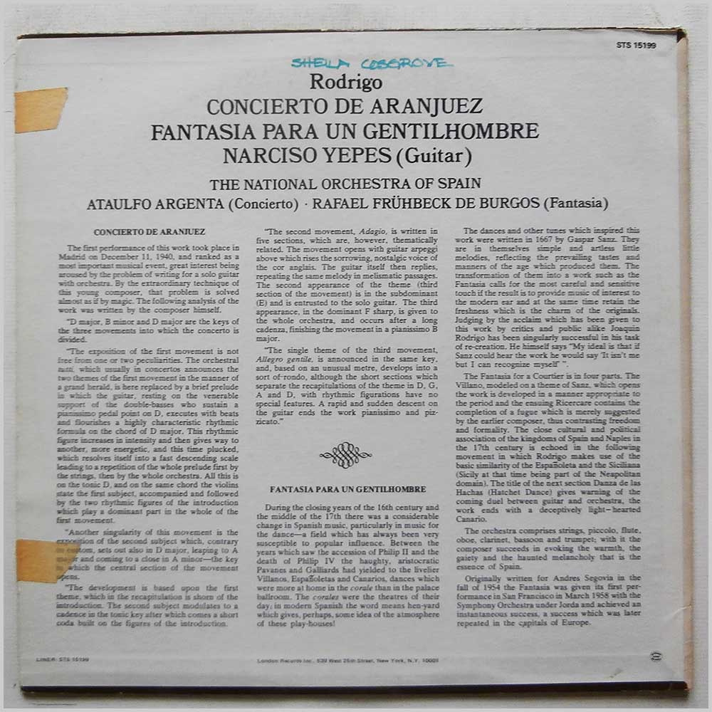 Narciso Yepes Guitar, National Orchestra Of Spain, Argenta, Frühbeck De Burgos - Rodrigo: Concierto De Aranjuez,Fantasia Para Un Gentilhombre  (STS 15199) 