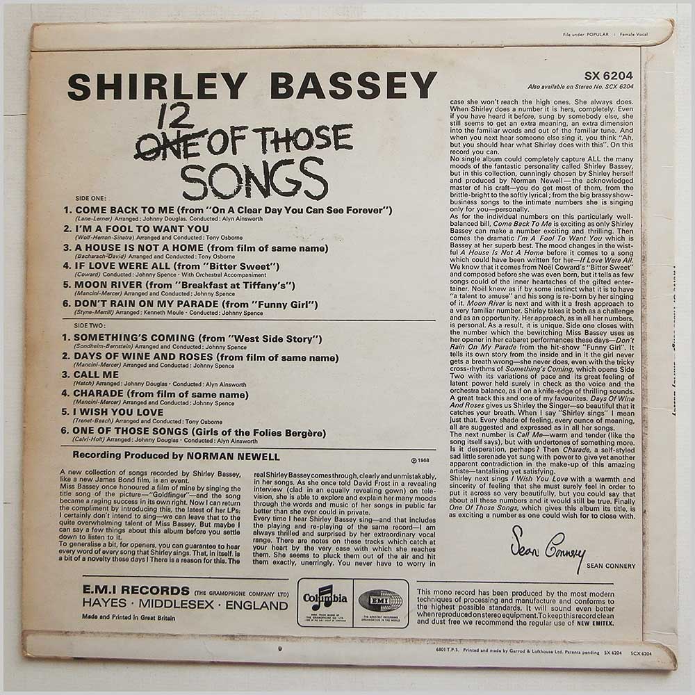 Shirley Bassey - Twelve Of Those Songs  (SX 6204) 