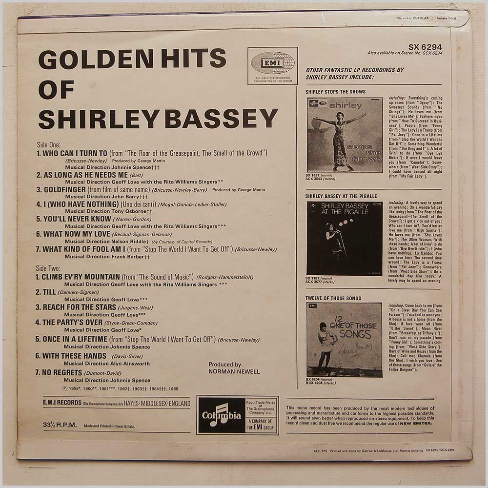 Shirley Bassey - Golden Hits Of Shirley Bassey  (SX 6294) 
