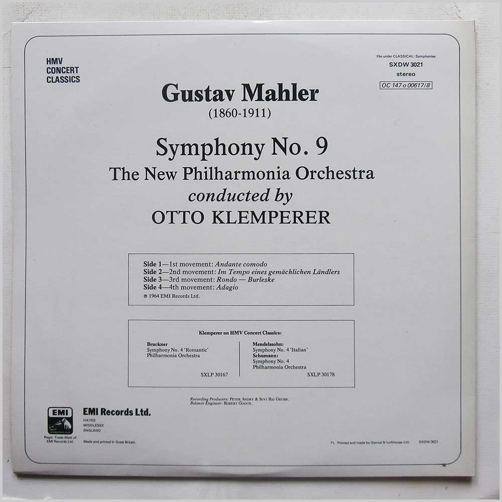 Otto Klemperer, New Philharmonia Orchestra - Gustav Mahler: Ninth Symphony  (SXDW 3021) 