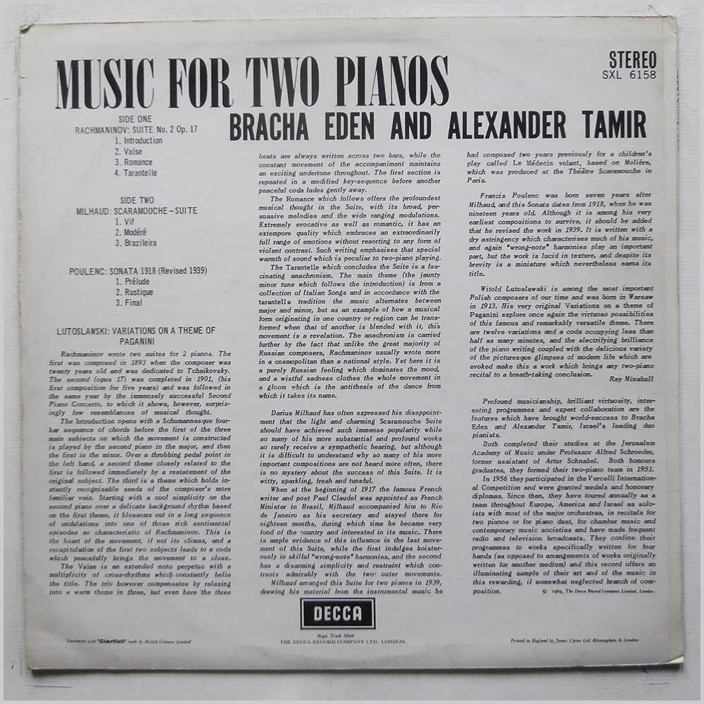 Bracha Eden, Alexander Tamir - Music For Two Pianos  (SXL 6158) 