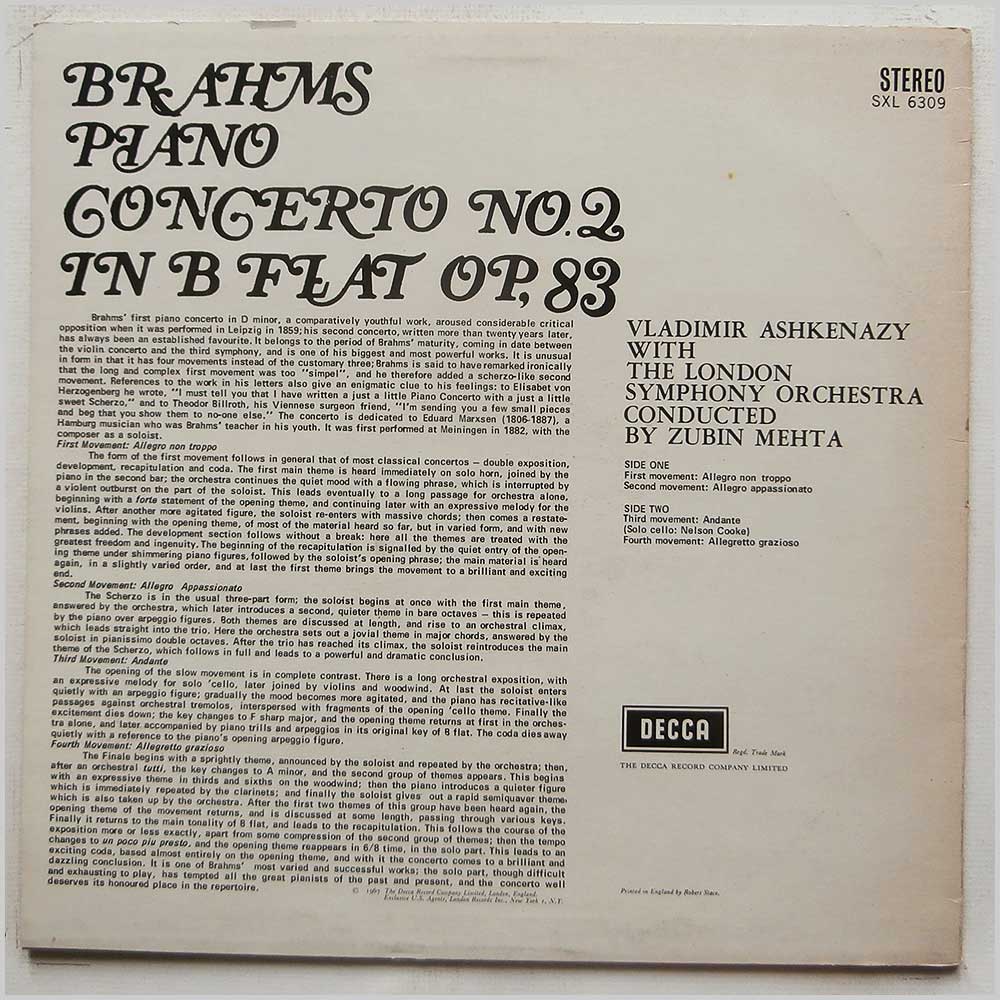 Vladimir Ashkenazy, London Symphony, Zubin Mehta - Brahms: Piano Concerto No. 2 (SXL 6309)