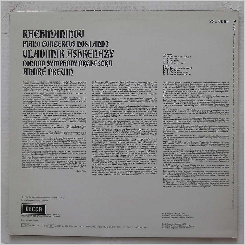 Vladimir Ashkenazy, Andre Previn, London Symphony Orchestra - Rachmaninov: Piano Concertos Nos.1 and 2  (SXL 6554) 