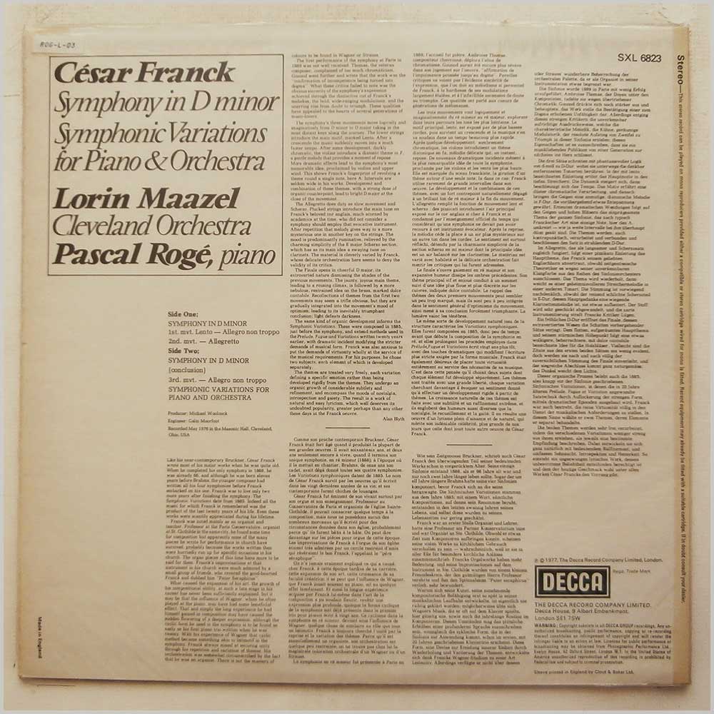 Lorin Maazel, Cleveland Orchestra, Pascal Roge - Cesar Franck: Symphony In D Minor  (SXL 6823) 