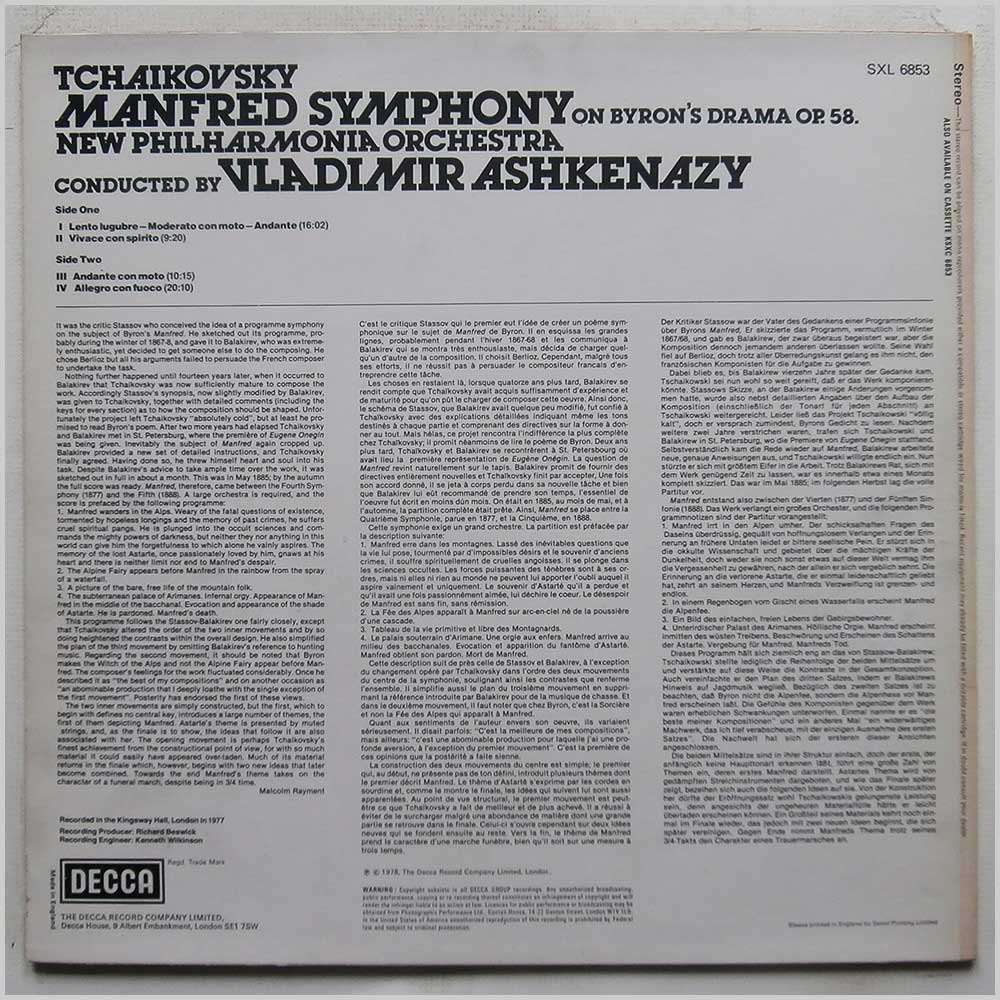 Vladimir Ashkenazy, New Philharmonia Orchestra - Tchaikovsky: Manfred Symphony On Byron's Drama Op. 58  (SXL 6853) 