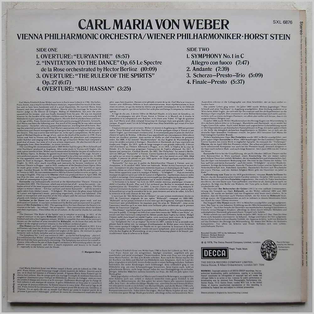 Horst Stein, Vienna Philharmonic - Carl Maria von Weber: Symphonie No.1 In C, Overture Euryanthe, Overture Abu Hassan, Invitation To The Dance, Overture The Ruler Of The Spirits  (SXL 6876) 