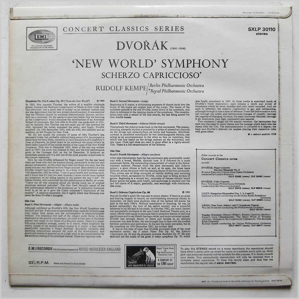 Rudolf Kempe, Berlin Philharmonic, Royal Philharmonic - Dvorak: New World Symphony, Scherzo Capriccioso  (SXLP 30110) 