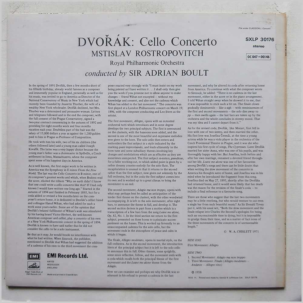Mstislav Rostropovitch, Royal Philharmonic Orchestra, Sir Adrian Boult - Dvorak: Cello Concerto In B Minor  (SXLP 30176) 