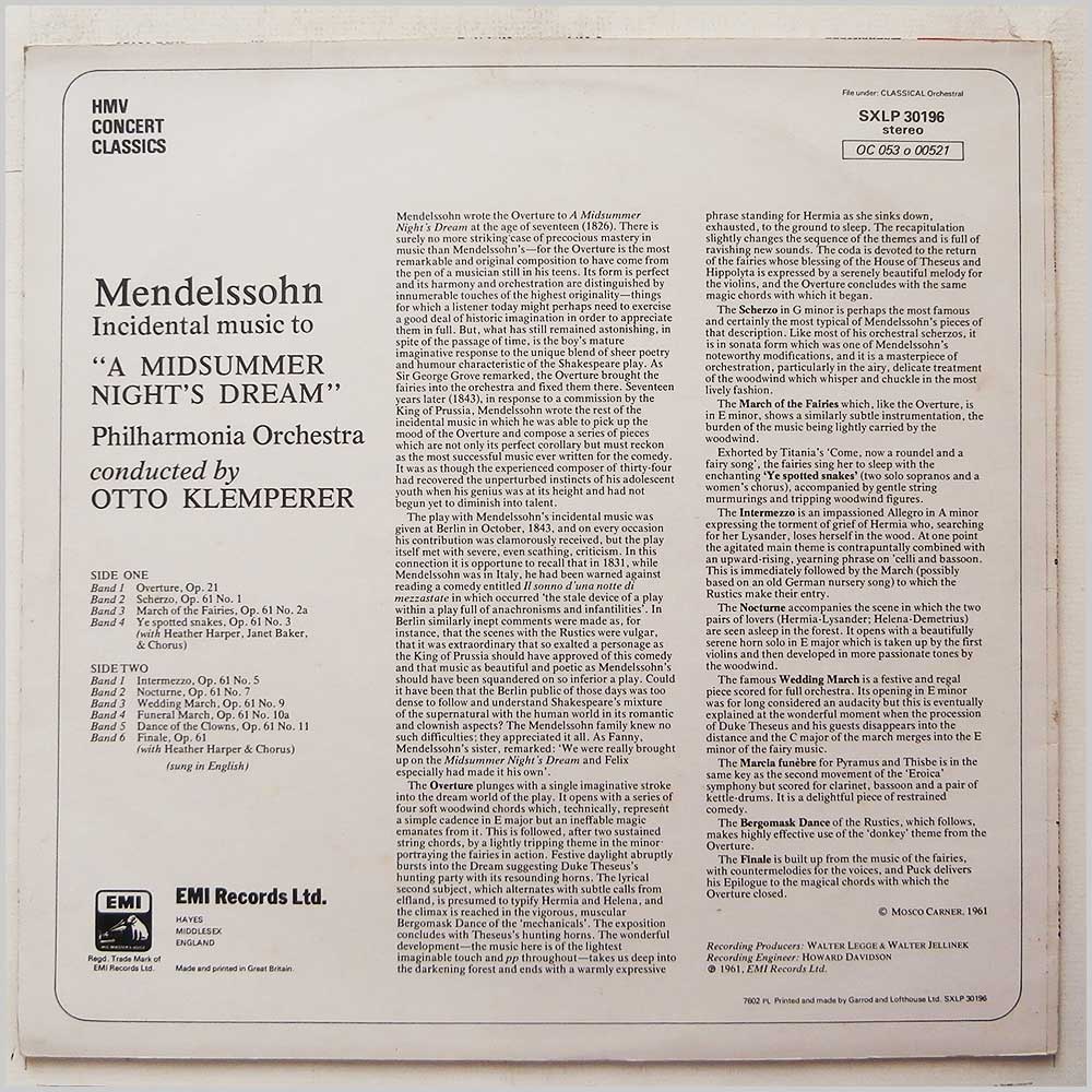 Otto Klemperer, Philharmonia Orchestra - Mendelssohn: A Midsummer Nights Dream  (SXLP 30196) 