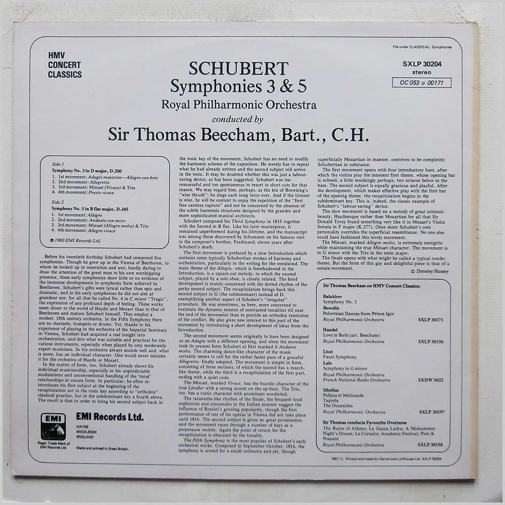 Sir Thomas Beecham, Royal Philharmonic Orchestra - Beecham Conducts Schubert: Symphonies 3 and 5  (SXLP 30204) 