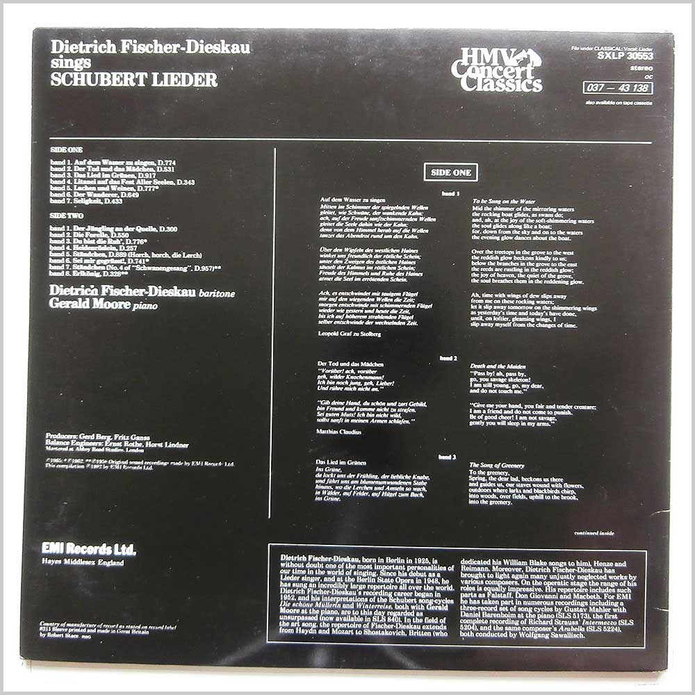 Dietrich Fischer-Dieskau, Gerald Moore - Favourite Schubert Lieder  (SXLP 30553) 