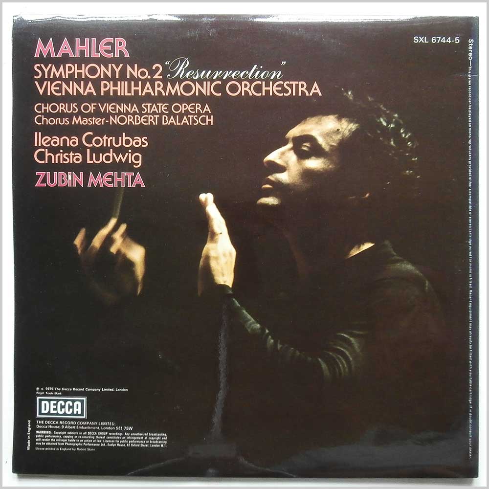 Ileana Cotrubas, Christa Ludwig, Zubin Mehta, Vienna Philharmonic Orchestra - Mahler: Symphony No. 2 In C Minor Resurrection  (SXL S 6744-5) 