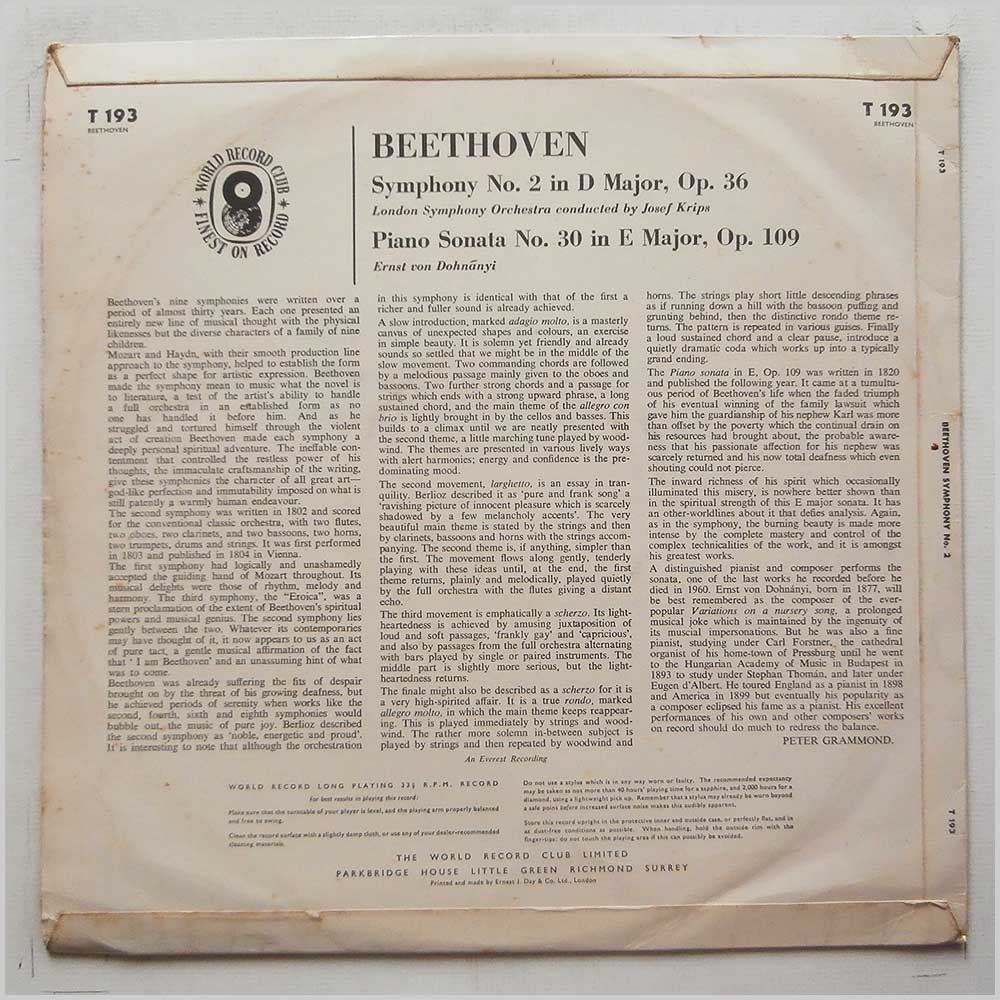 Josef Krips, London Symphony Orchestra - Beethoven: Symphony No. 2 in D Major, Piano Sonata No. 30 in E Major  (T 193) 