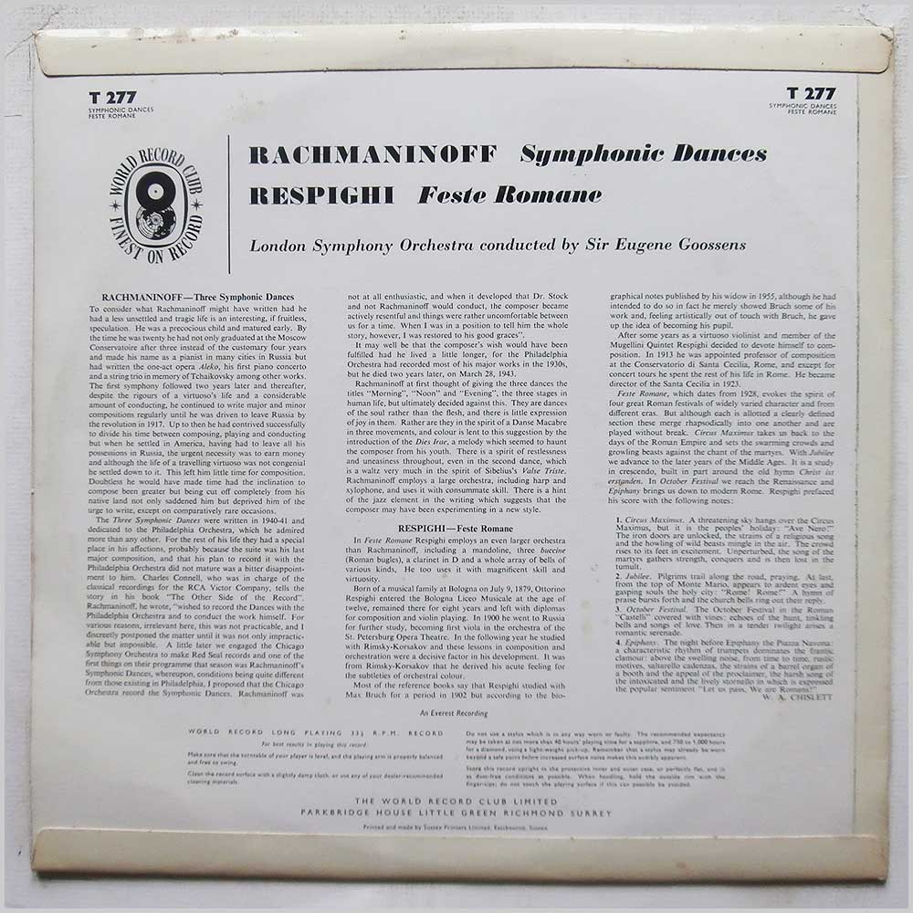Sir Eugene Goossens, London Symphony Orchestra - Rachmaninoff: Symphonic Dances, Respighi: Feste Romane  (T 277) 