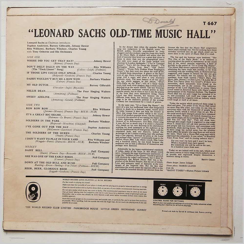 Various - The Old-Time Music Hall introduced by Leonard Sachs  (T 667) 