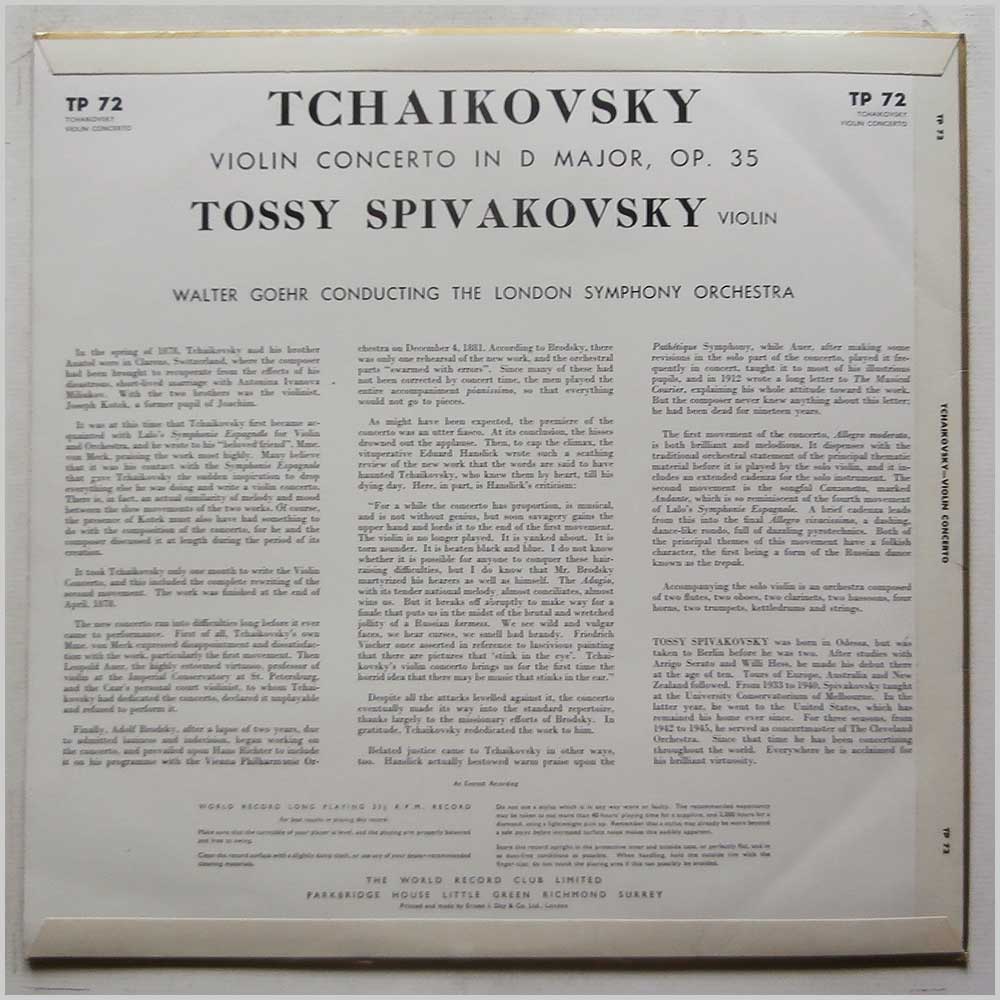Tossy Spivakovsky, Walter Goehr, London Symphony Orchestra - Tchaikovsky: Violin Concerto in D Major, Op. 35  (TP 72) 