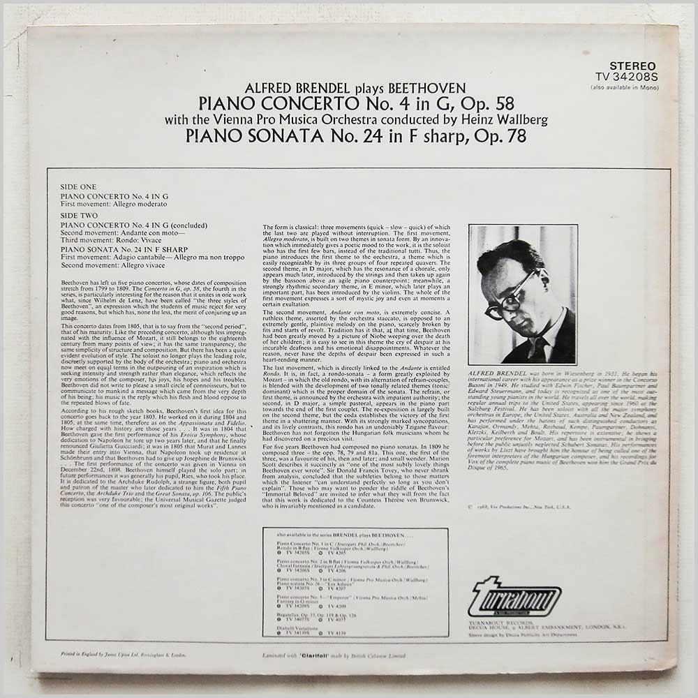 Alfred Brendel - Beethoven: Piano Concerto No. 4 in G, Piano Sonata No. 24 in F Sharp  (TV 34208S) 
