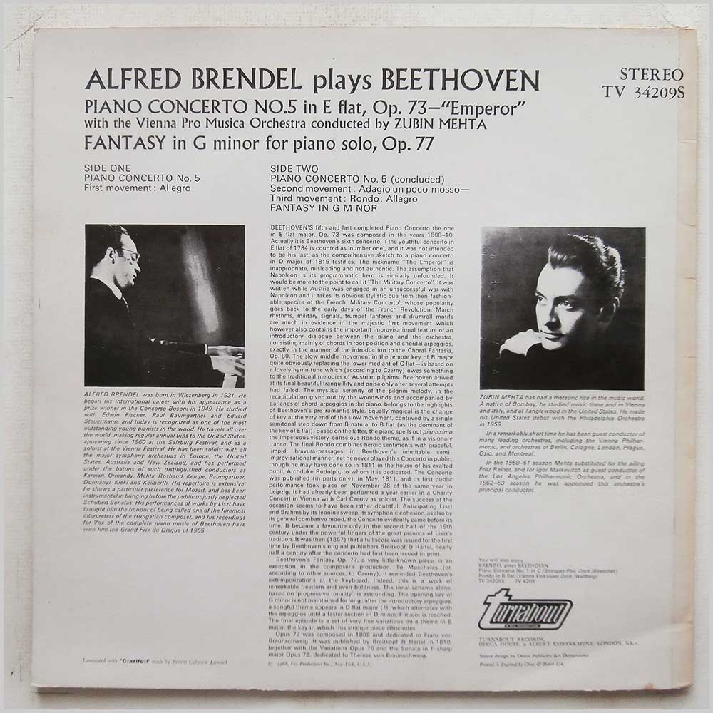 Alfred Brendel, Vienna Pro Musica Orchestra, Zubin Mehta - Beethoven: Piano Concerto No. 5 Emperor, Fantasy In G Minor  (TV 34209S) 