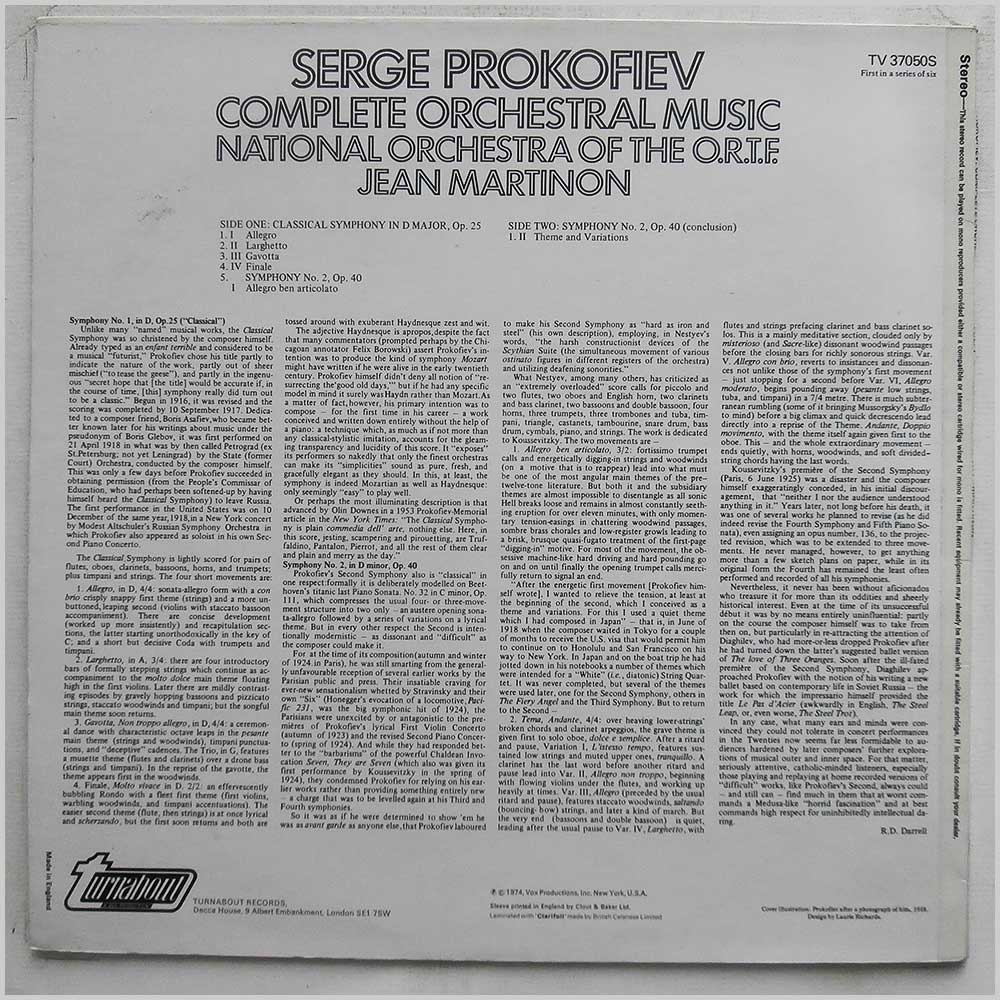 Jean Martinon, National Orchestra Of The O.R.T.F. - Prokofiev: Complete Orchestral Music Volume 1  (TV 37050S) 