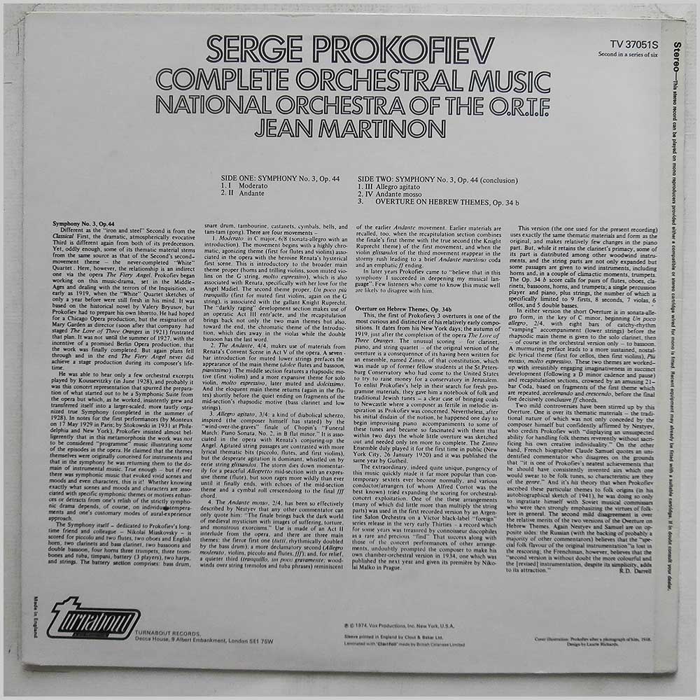 Jean Martinon, National Orchestra Of The O.R.T.F. - Prokofiev: Complete Orchestral Music Volume 2  (TV 37051S) 