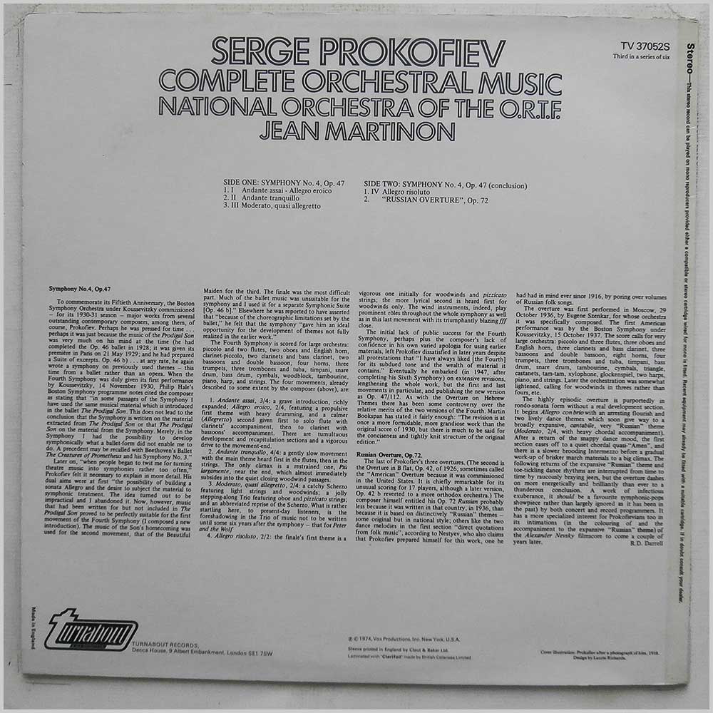 Jean Martinon, National Orchestra Of The O.R.T.F. - Prokofiev: Complete Orchestral Music Volume 3  (TV 37052S) 