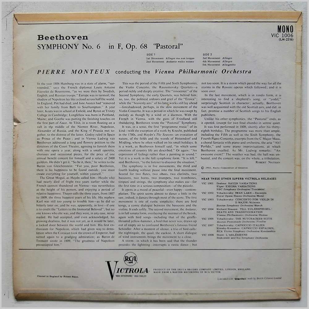 Pierre Monteux, Vienna Philharmonica Orchestra - Ludwig van Beethoven: Symphony No. VI Pastoral  (VIC 1006) 
