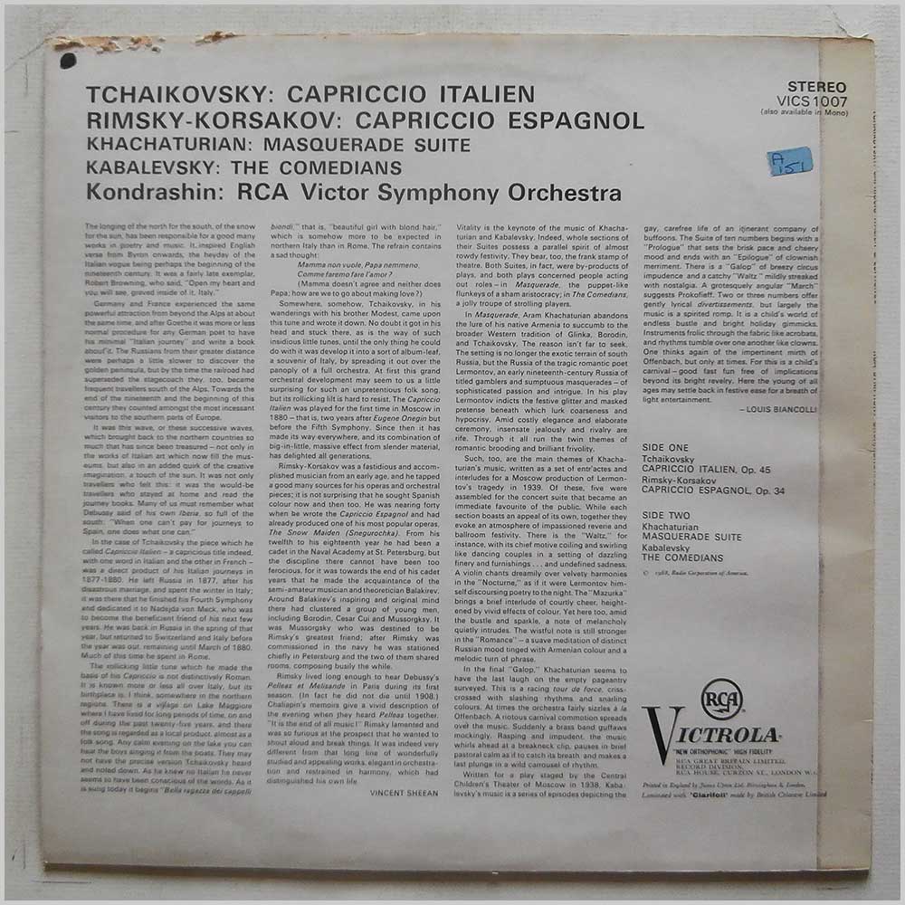 Kiril Kondrashin, RCA Victor Symphony - Tchaikovsky: Capriccio Italien, Rimsky-Korsakov: Capriccio Espagnol, Kabalevsky: The Comedians, Khachaturian: Masquerade Suite  (VICS 1007) 