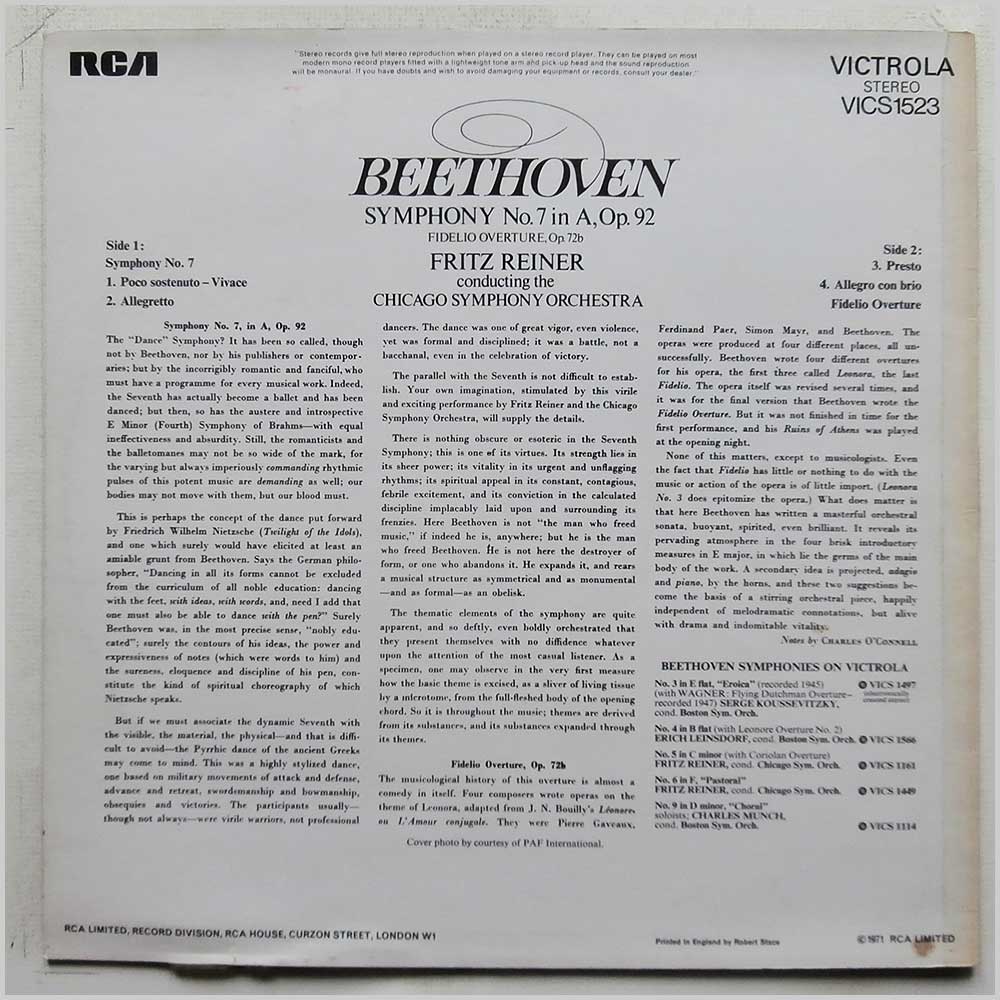 Fritz Reiner, The Chicago Symphony Orchestra - Ludwig van Beethoven: Symphony No. 7 In A, Op. 92, Fidelio Overture Op. 72b  (VICS 1523) 
