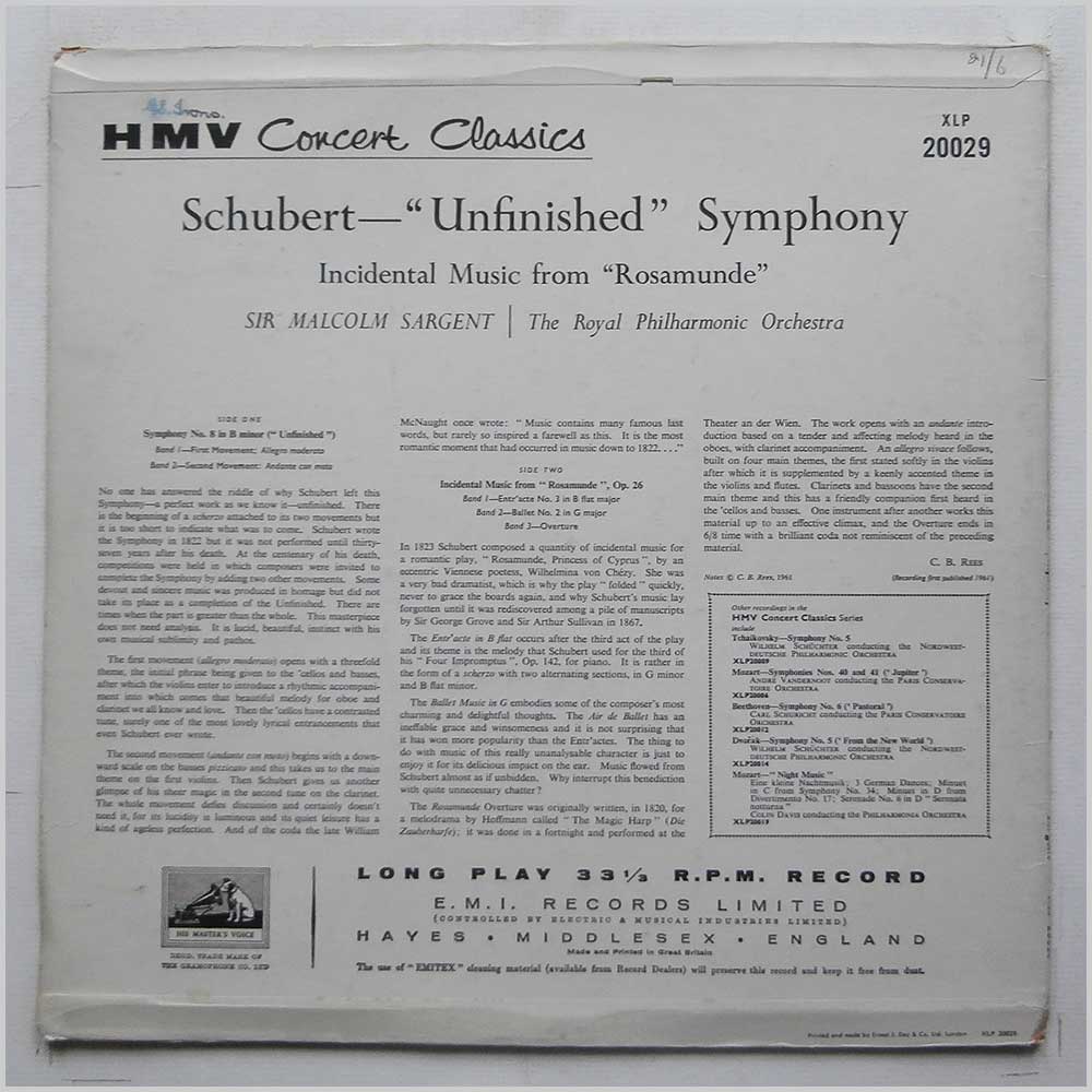 Sir Malcolm Sargent, Royal Philharmonic Orchestra - Schubert: Unfinished Symphony, Incidental Music From Rosamunde  (XLP 20029) 
