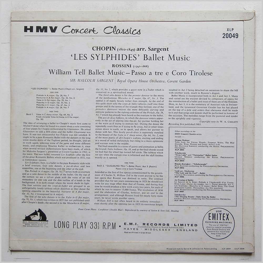 Sir Malcolm Sargent, Royal Opera House Orchestra Covent Garden - Chopin: Les Sylphides, Rossini: William Tell Ballet Music  (XLP 20049) 