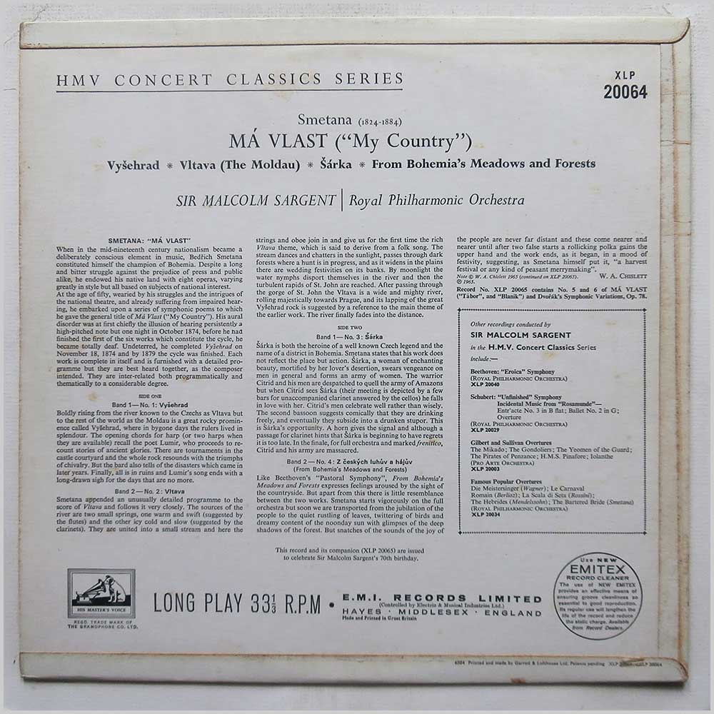 Sir Malcolm Sargent, Royal Philharmonic Orchestra - Smetana: Ma Vlast (My Country)  (XLP 20064) 